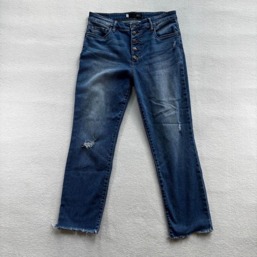 Kut from the Kloth Reese Ankle Straight Leg Jeans Women 10 Blue High Rise Button